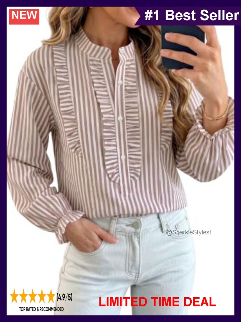 Women's Plaid Striped Button Down Blouse Ruffle Long Sleeve Work Top